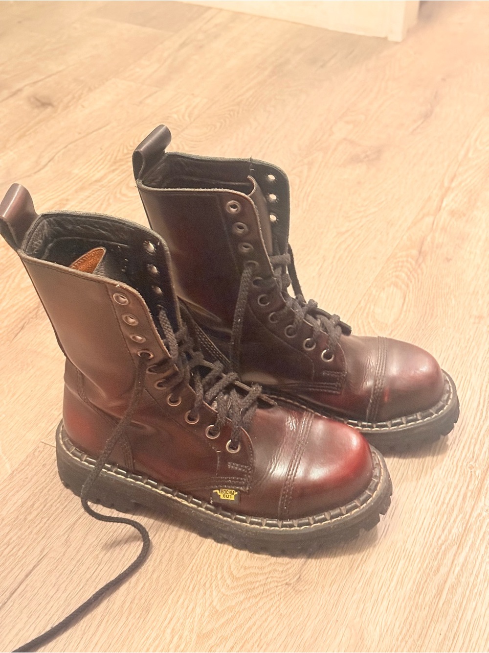 Unisex Lace-Up Leather Steel Toe Boots in Dark Red-Black